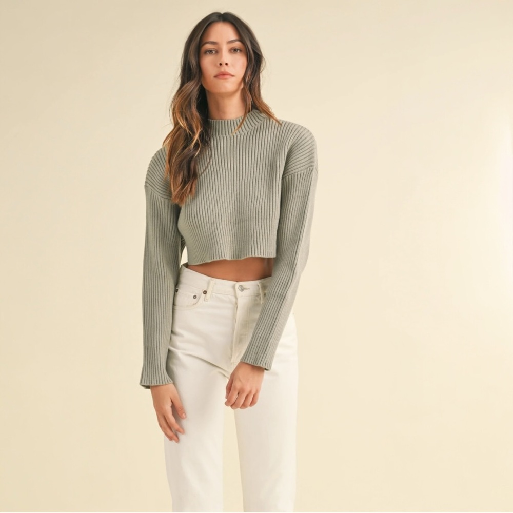 MABLE Fenne Long Sleeve Ribbed Crop Sweater in Olive Size Medium